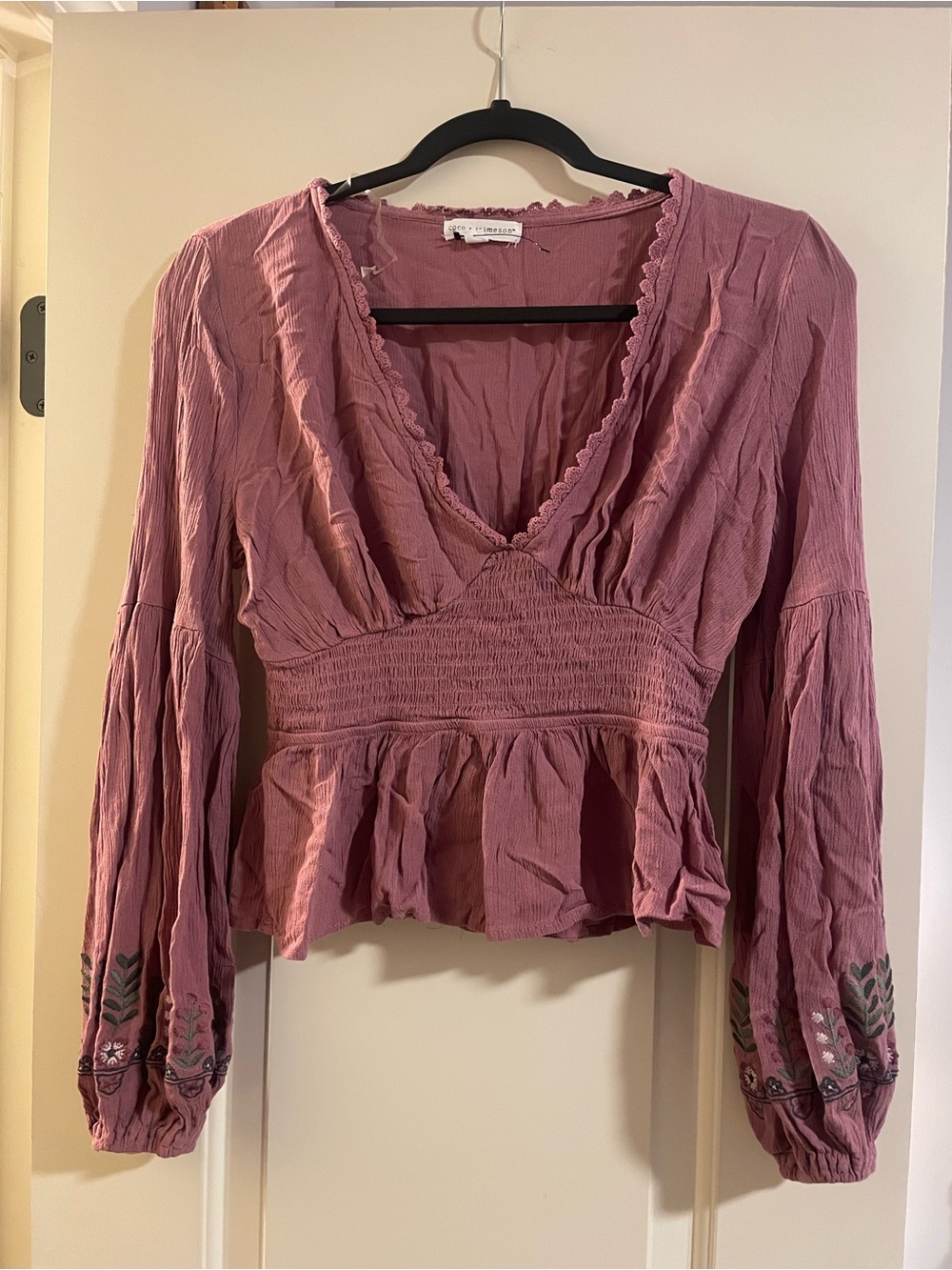 Smocked Waist V-Neck Peasant Blouse in Mauve